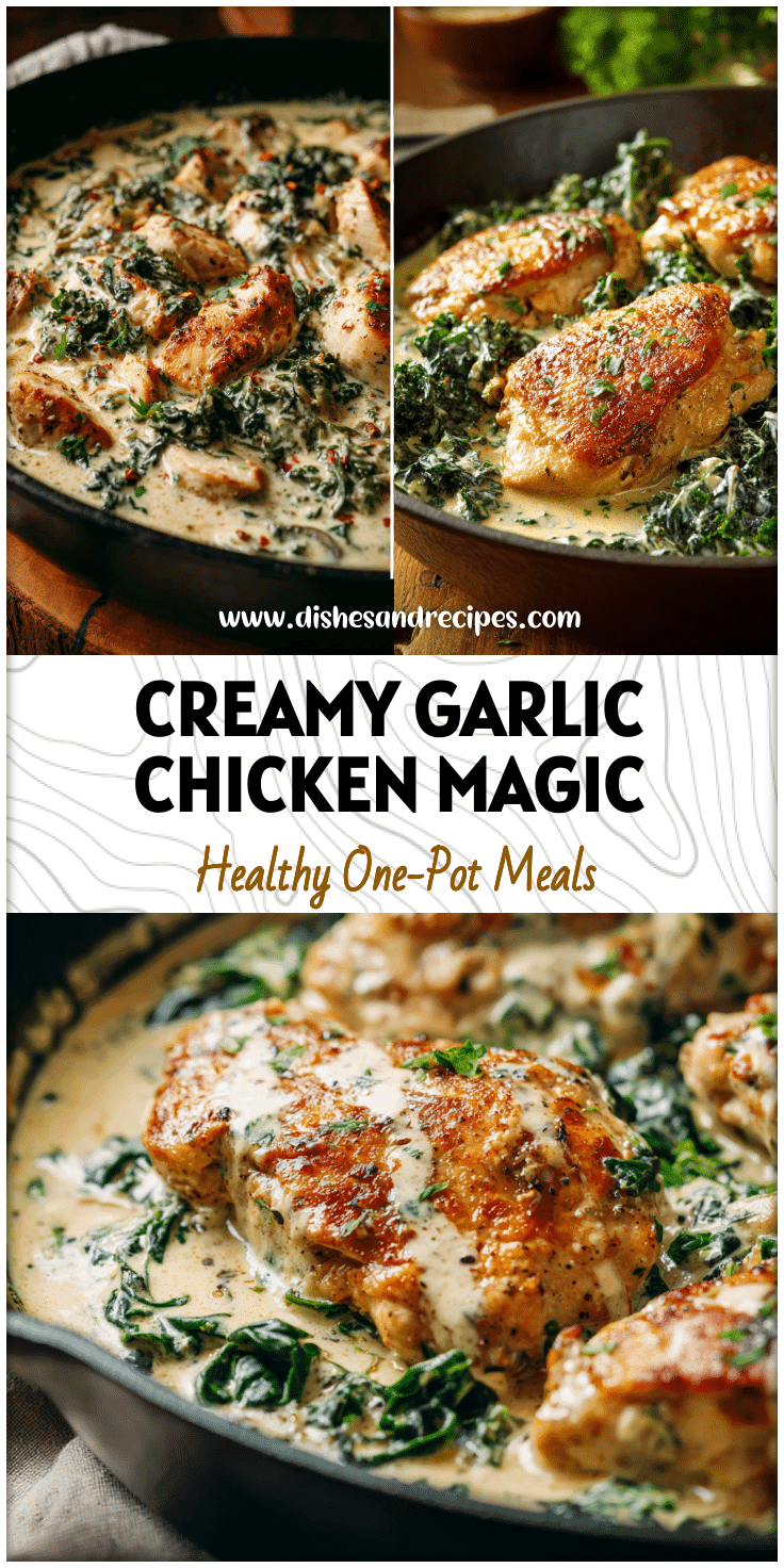 Creamy Garlic Chicken and kale skillet served in a pan with Garlic Cream Sauce For Chicken, perfect for Dinner For Two Ideas At Home.